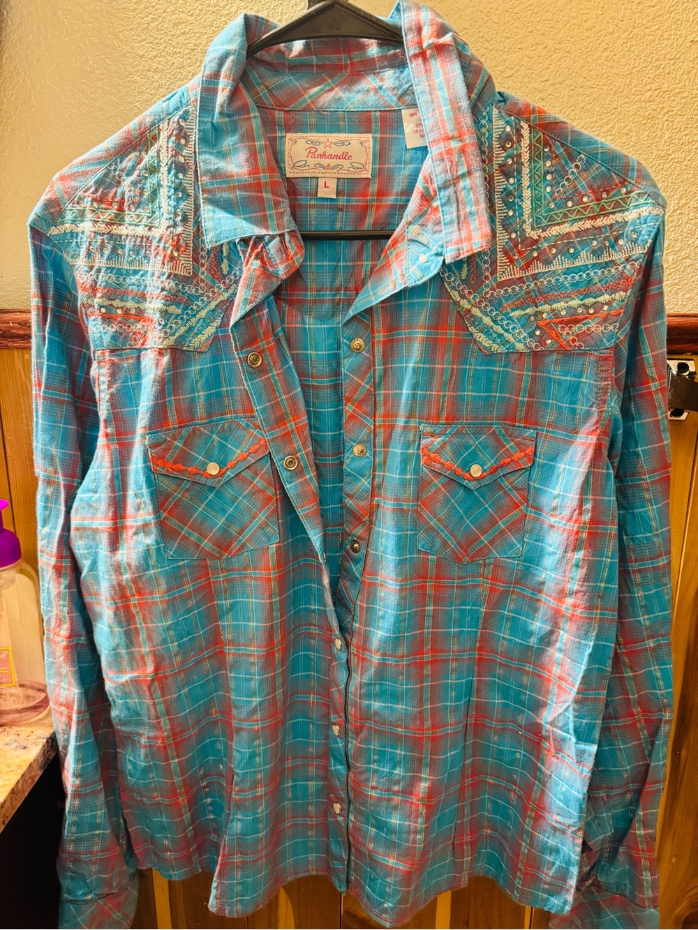 Women’s Embroidered Plaid Button-Down Shirt in Teal & Coral